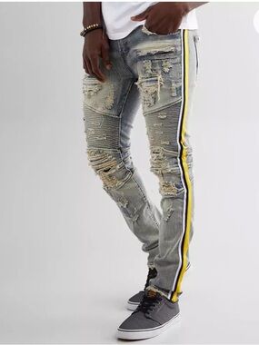 Preme Y2K Moto biker distressed skinny jeans with side stripe cyber streetwear